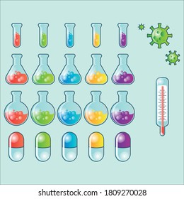 
Icons set of chemicals, chemistry, laboratory, jars, glasses, flasks. Vector illustration. Corona virus.
