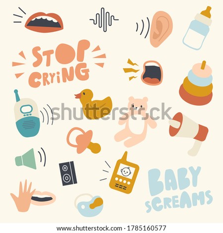 Icons Set, Child Themed Background with Baby Crying and Stop Scream Typography, Pacifier, Baby Monitor and Soft Bear, Rubber Duck, Ear, Mouth and Loud Sound Waves with Toys. Linear Vector Illustration