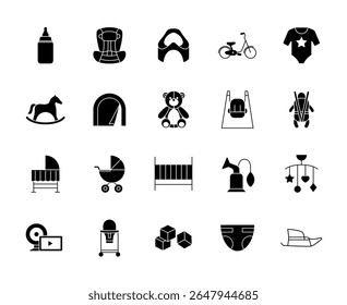 Ícones conjunto de roupas infantis, brinquedos infantis, boneco, carrinho de bebê, fralda, chupeta, vaso, produtos recém-nascidos. Silhuetas de coisas infantis