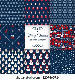 Icons set Christmas and New year seamless set pattern-vector illustration. Stocking gifts calendar hat Snowman candle bell mittens caramel Christmas tree. Santa hat calendar