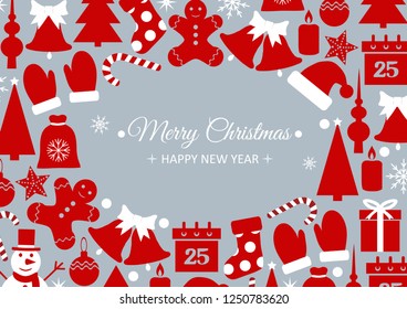 Icons set Christmas and New year greeting card-vector illustration. Stocking gifts calendar hat Snowman candle bell mittens caramel Christmas tree.