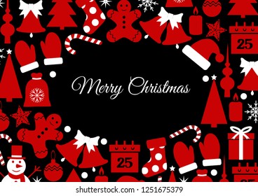 Icons set Christmas and New year greeting card-vector illustration. Stocking gifts calendar hat Snowman candle bell mittens caramel Christmas tree.