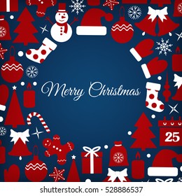 Icons set Christmas and New year greeting card-vector illustration. Stocking gifts calendar hat Snowman candle bell mittens caramel Christmas tree.