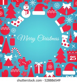 Icons set Christmas and New year greeting card-vector illustration. Stocking gifts calendar hat Snowman candle bell mittens caramel Christmas tree.