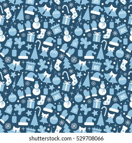 Icons set Christmas and New year seamless pattern-vector illustration. Stocking gifts calendar hat Snowman candle bell mittens caramel Christmas tree.