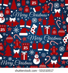 Icons set Christmas and New year seamless pattern-vector illustration. Stocking gifts calendar hat Snowman candle bell mittens caramel Christmas tree. Santa hat calendar. EPS 10