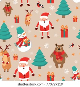 Icons set Christmas and New Year seamless pattern vector illustration. Spare gifts, Snowman, Christmas tree, Santa Claus, deer, bullfinch.