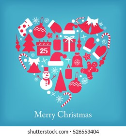 Icons set Christmas and New year-vector illustration. Heart shape inside a tree snowman stocking candle bell mittens candy. Blue background.