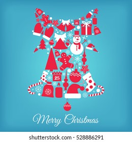 Icons set Christmas and New year-vector illustration. In the shape of a bell, inside a tree Snowman stocking candle bell mittens candy.