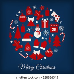 Icons set Christmas and New year-vector illustration. In the form of a circle, inside the stocking gifts calendar hat Snowman candle bell mittens caramel. EPS 10