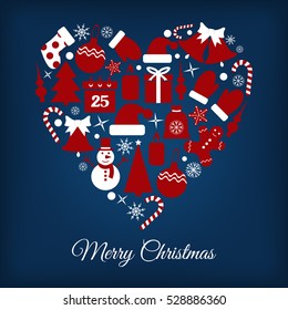 Icons set Christmas and New year-vector illustration. Heart shape inside a tree snowman stocking candle bell mittens candy. EPS 10