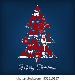 Icons set Christmas and New year-vector illustration. In the shape of a Christmas tree, inside the stocking gifts calendar hat Snowman candle bell mittens caramel. Santa hat calendar. EPS 10