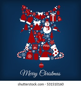 Icons set Christmas and New year-vector illustration. In the shape of a bell, inside a tree Snowman stocking candle bell mittens candy. calendar, gift bag, a tip for the Christmas tree.  EPS 10