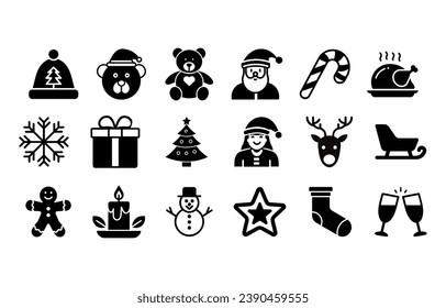  icons set of Christmas Santa hat bear tree snow solid icon black 