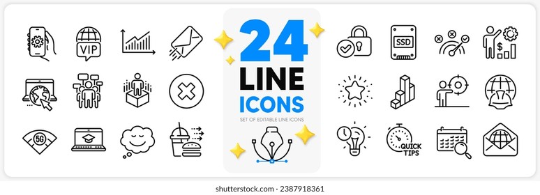 Icons set of Close button, App settings and Ssd line icons pack for app with Graph, Employees wealth, Website education thin outline icon. Voting campaign, Correct answer. Design with 3d stars. Vector