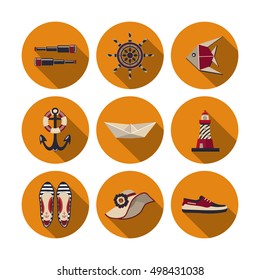 Icons set of closing items and attributes with marine symbols and elements. Vector.