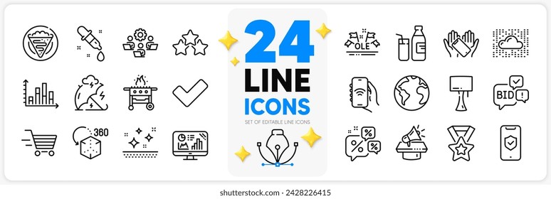 Icons set of Cloud system, Smartphone holding and Diagram graph line icons pack for app with Stress protection, World planet, Milk thin outline icon. Discounts chat, Table lamp. Vector