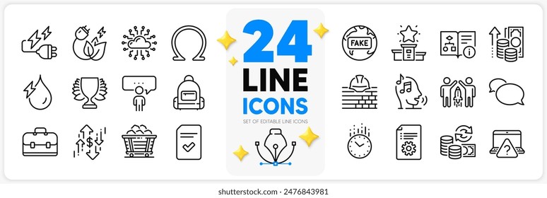 Icons set of Coal trolley, Change money and Technical algorithm line icons pack for app with Dollar rate, Technical documentation, Fake news thin outline icon. Portfolio, Backpack. Vector