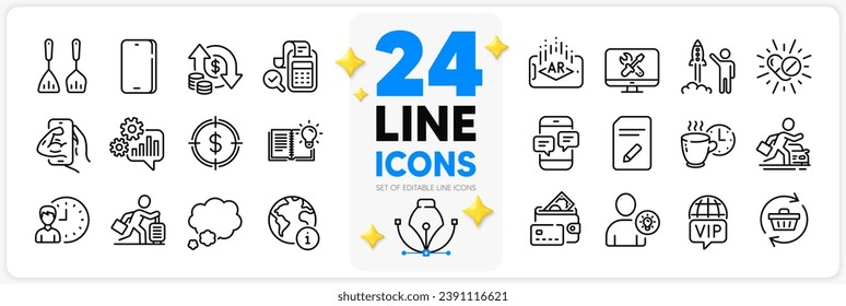 Icons set of Coffee break, User idea and Car rental line icons pack for app with Cogwheel, Phone messages, Change money thin outline icon. Phone, Fitness, Repair pictogram. Working hours. Vector