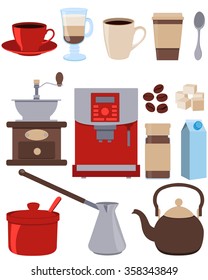 Icons set coffee. Cup, kettle and sugar. Vector illustration