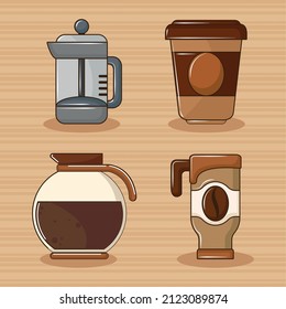 icons set coffee cups and maker