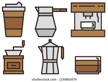Icons set of coffee equipment with mug and cup