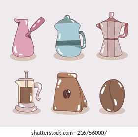 icons set coffee kettle and bean
