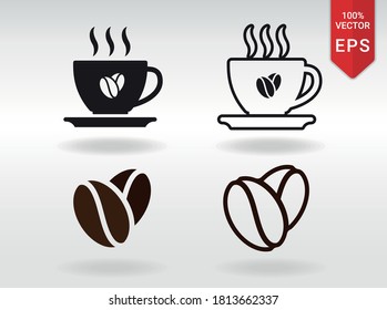 conjunto de iconos de la taza de café y de los frijoles de la ilustración vectorial plana