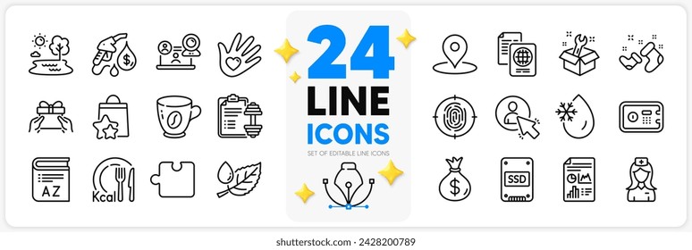 Conjunto de iconos de café, documento de pasaporte y paquete de iconos de línea Ssd para la aplicación con Pin, Spanner, bolsa de dinero icono de contorno delgado. Vocabulario, Documento de informe, Pictograma de caja fuerte. Lago. Vector