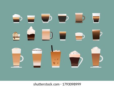 Icons set of coffee types. 17 coffee types icons for commercial use