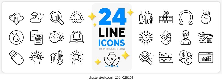 Icons set of Cogwheel timer, High thermometer and Time line icons pack for app with Web traffic, Yoga, Organic product thin outline icon. Dot plot, Reminder, Usb stick pictogram. Vector