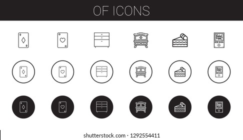 of icons set. Collection of of with ace diamonds, ace hearts, chest drawers, piece cake, domotics. Editable and scalable icons.