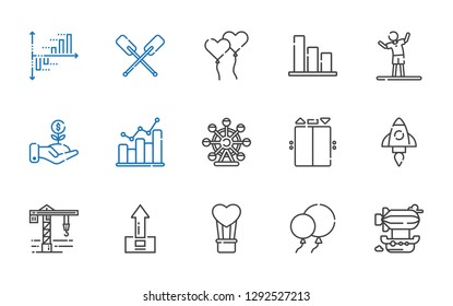 up icons set. Collection of up with airship, balloons, hot air balloon, upload, crane, startup, elevator, ferris wheel, bar graph, investment. Editable and scalable up icons.