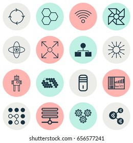 Icons Set. Collection Of Algorithm Illustration, Wireless Communications, Laptop Ventilator And Other Elements. Also Includes Symbols Such As Brightness, Complex, Information.