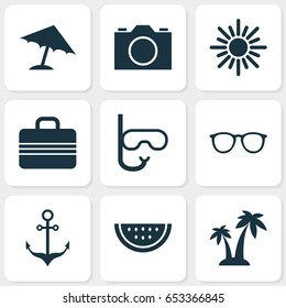Icons Set. Collection Of Armature, Baggage, Video And Other Elements. Also Includes Symbols Such As Sunglasses, Anchor, Umbrella.