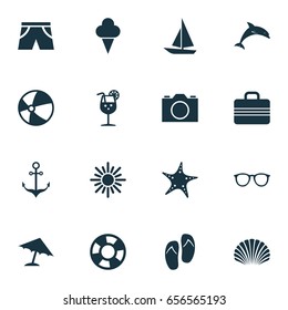 Icons Set. Collection Of Armature, Parasol, Baggage And Other Elements. Also Includes Symbols Such As Mammal, Lifebuoy, Valise.