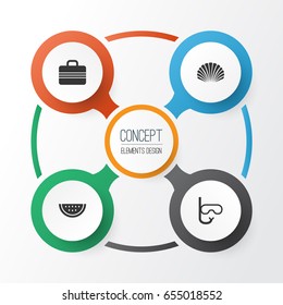 Icons Set. Collection Of Baggage, Conch, Tube And Other Elements. Also Includes Symbols Such As Suitcase, Melon, Tube.