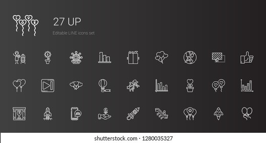 up icons set. Collection of up with balloon, escalator, rising, investment, social media, startup, fragile, growth, bar chart, hot air balloon. Editable and scalable up icons.