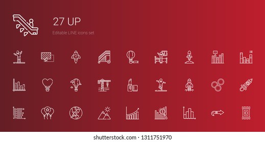 up icons set. Collection of up with bar chart, mountain, startup, balloon, stretching, lipstick, crane, hot air balloon, wake up, makeup remover wipes. Editable and scalable icons.