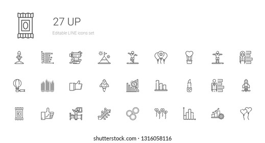 up icons set. Collection of up with bar chart, balloons, makeup remover wipes, escalator, wake up, like, lipstick, startup, hot air balloon, balloon. Editable and scalable icons.