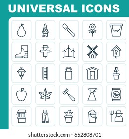 Icons Set. Collection Of Birdhouse, Dwarf, Floret And Other Elements. Also Includes Symbols Such As Mill, Labor, Water.