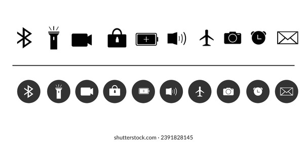 Icons set, collection of icons bluetooth flash recorder handycamp lock battery voice plane jet camera alarm clock and message.