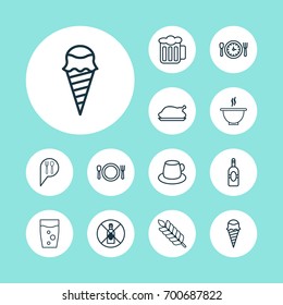 Icons Set. Collection Of Bowl, Coffee Cup, Chicken Fry And Other Elements. Also Includes Symbols Such As Glass, Pint, Ice.
