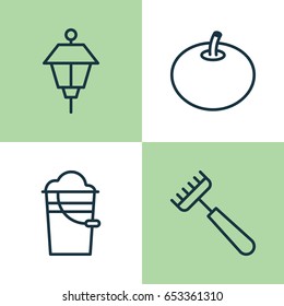 Icons Set. Collection Of Bucket, Rake, Lantern And Other Elements. Also Includes Symbols Such As Park, Rake, Lantern.