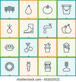 Icons Set. Collection Of Bush Pot, Wheat, Pail And Other Elements. Also Includes Symbols Such As Windfall, Sunflower, Garlic.