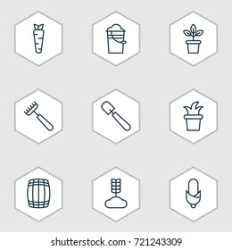 Icons Set. Collection Of Bush Pot, Flowerpot, Bucket And Other Elements. Also Includes Symbols Such As Root, Shovel, Wheat.