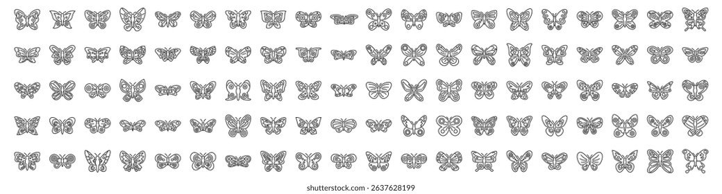  icons set. Collection of butterfly icons in thin line style, showcasing diverse wing shapes, patterns, and delicate details, symbolizing nature, beauty, and transformation