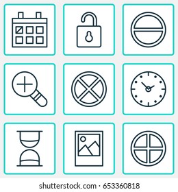 Icons Set. Collection Of Calendar, Increase Loup, Unlock And Other Elements. Also Includes Symbols Such As Magnifier, Open, Date.