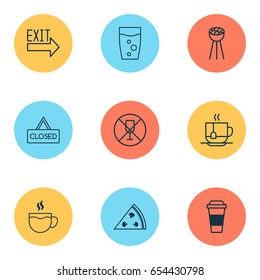 Icons Set. Collection Of Closed Placard, Hot Drink, Alcohol Forbid And Other Elements. Also Includes Symbols Such As Closed, No, Pizzeria.