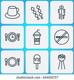 Icons Set. Collection Of Coffee Cup, Stick Batbecue, Cutlery And Other Elements. Also Includes Symbols Such As Drink, Cutlery, Restrict.